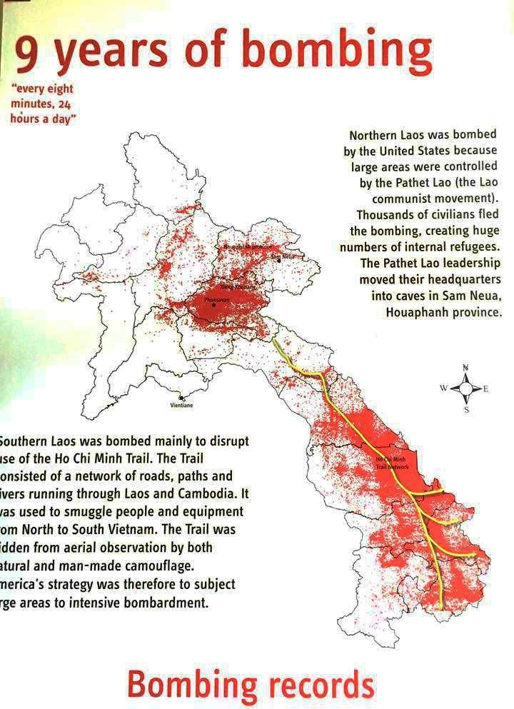 アメリカ軍によるラオス国内の爆撃地を示すマップ。北部の爆撃の中心地にシェンクワン県がある。ラオス南部はベトナム戦争中、「ホーチミン・ルート（北ベトナム軍の補給ルート）」が通っていたことから広範囲に爆撃された