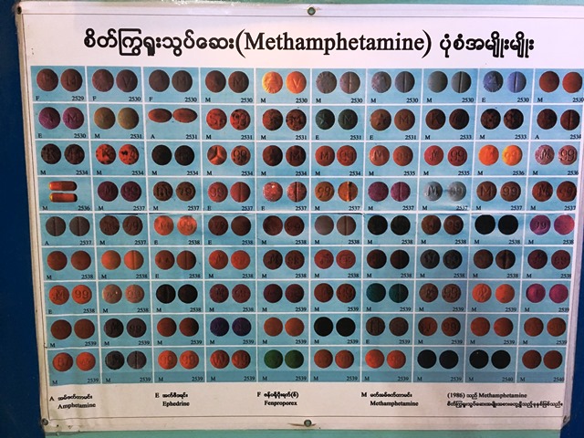 「ヤーバー」のポスター。ヤーバーにはさまざまな種類があり、アルファベットや色で識別する。ミャンマー北部と中国国境近くにはヤーバーやヘロインなど薬物の製造工場があり、ミャンマー全土や中国、タイ、バングラデッシュなど隣国に密売される