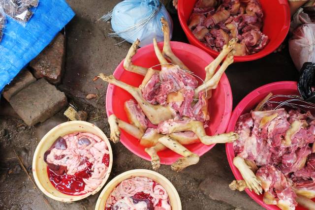 インド・ナガランド州最大の都市ディマプールの中心部で売られる犬肉