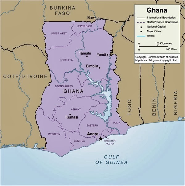 ガーナの地図。紛争が起こっているボク（Bawku）は右上にある