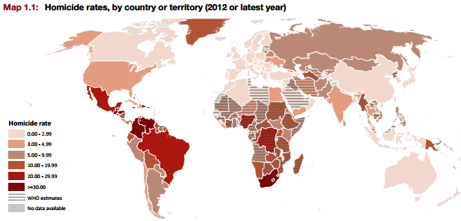 世界の殺人率。赤が濃いほうが殺人率が高い（出所：世界殺人報告2013）