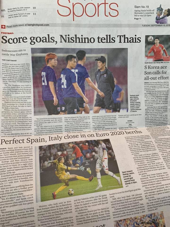 タイの英字紙バンコクポストは9月10日付の紙面で、タイ代表チームの西野新監督を大きく取り上げた。スポーツ面の一面に「Nishino」の文字が書いてあった