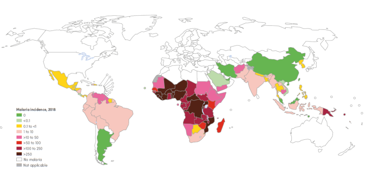 国別のマラリア症例数。茶色に塗られた国がマラリア感染者が多い国。これに茶色、赤、ピンクと続く（世界マラリア報告書2019より引用）