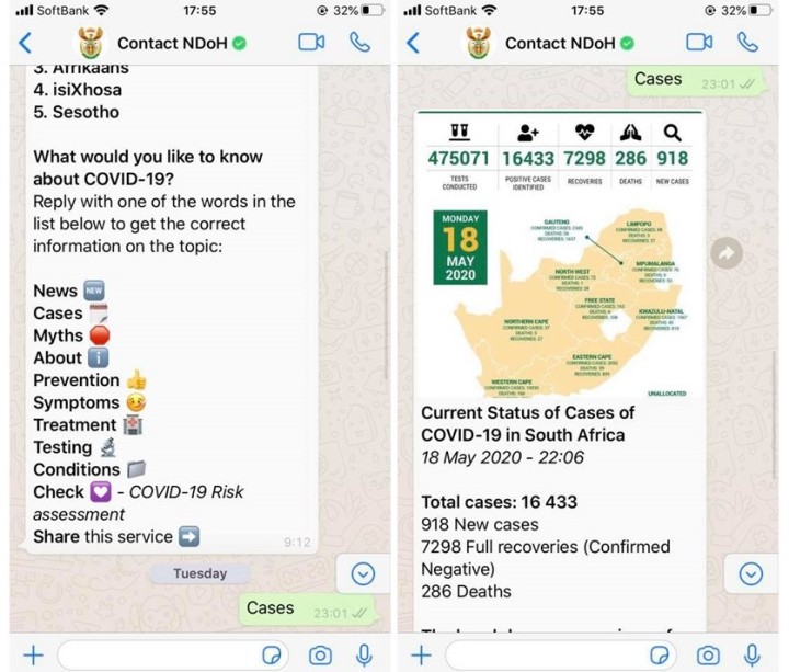 南アフリカの政府とNGOが共同開発した、新型コロナの最新情報を知らせるシステムの画面。ワッツアップを使って簡単に操作できる