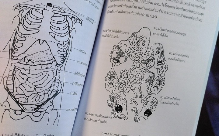 チネイザンのテキストの中にあるイラスト。内臓の位置と一緒に感情を表す顔が描かれている