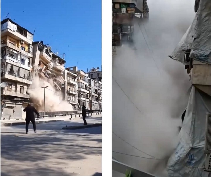 倒壊の危険がある建物をシリア政府が取り壊しているところ。紐をかけて引っ張っただけで簡単に壊れるという