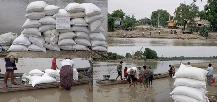 ミャンマー国内の避難民に川舟でコメを届ける（写真：大槻美咲さん提供）