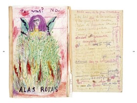 フリーダ・カーロの絵日記の一部。翼が生えた自画像。植物と一体化し、火で焼かれている